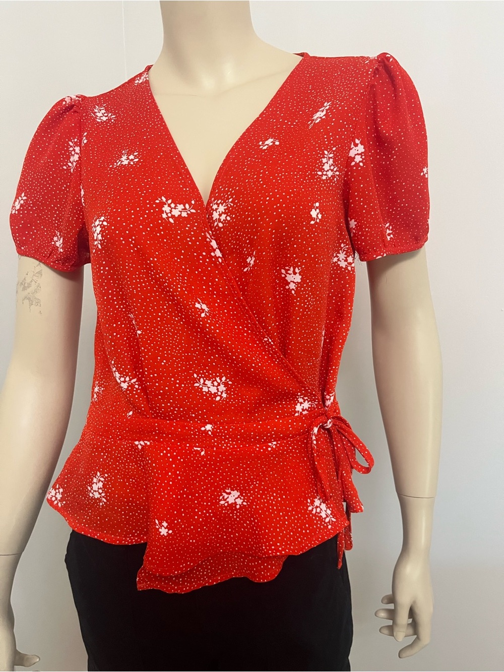 Tamara H Red Floral Wrap Blouse with Side Tie